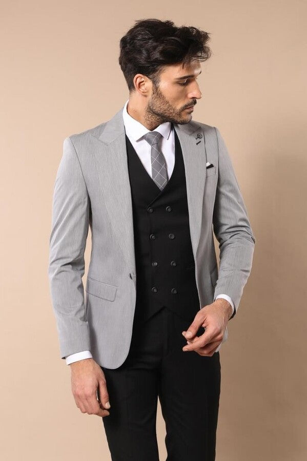 Black Double Breasted Vest Grey Men Suit - Wessi