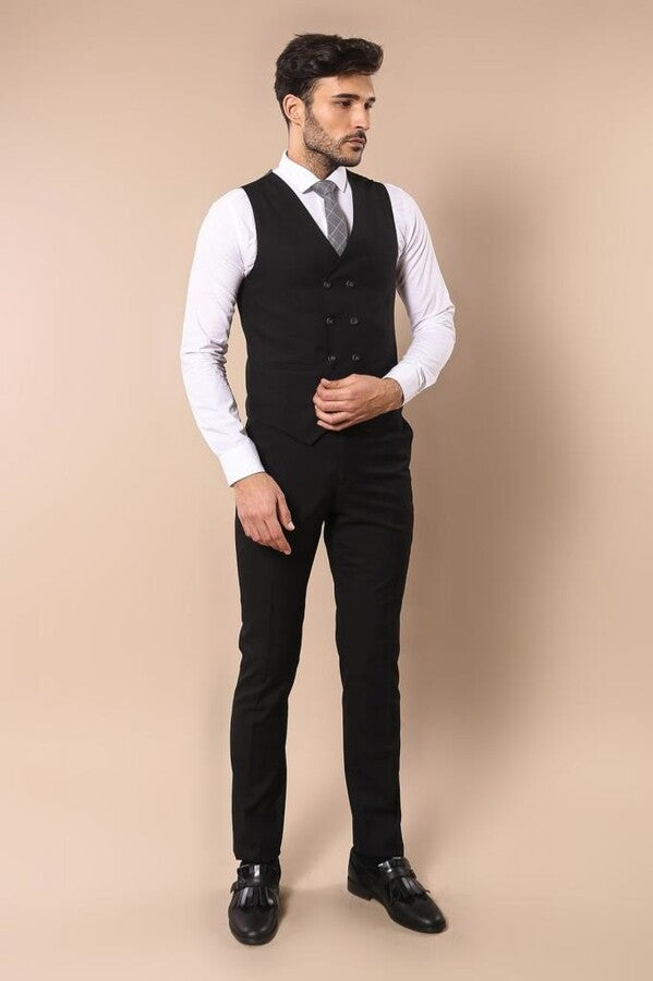 Black Double Breasted Vest Grey Men Suit - Wessi