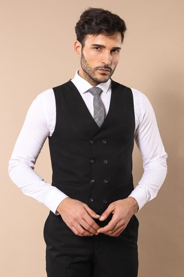 Black Double Breasted Vest Grey Men Suit - Wessi