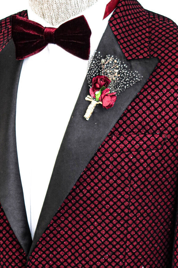 Black Patterned Over Burgundy Men Prom Blazer - Wessi