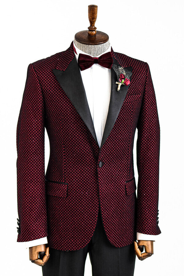 Black Patterned Over Burgundy Men Prom Blazer - Wessi