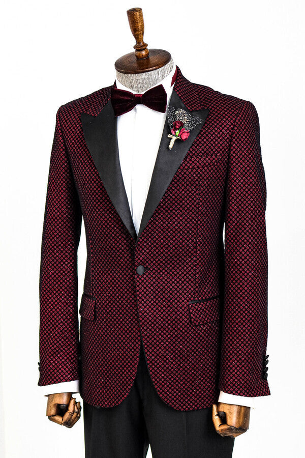 Black Patterned Over Burgundy Men Prom Blazer - Wessi