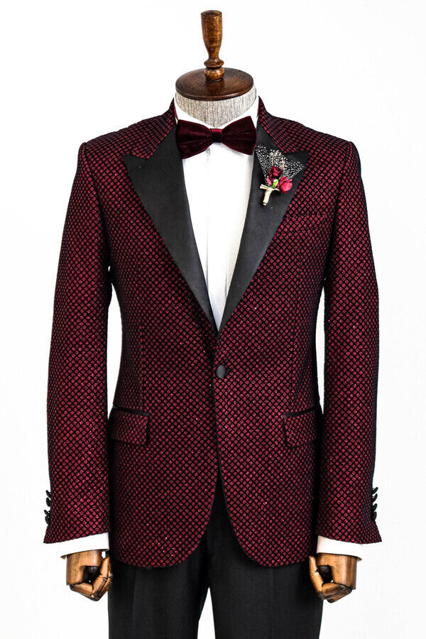 Black Patterned Over Burgundy Men Prom Blazer - Wessi