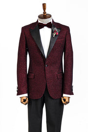 Black Patterned Over Burgundy Men Prom Blazer - Wessi