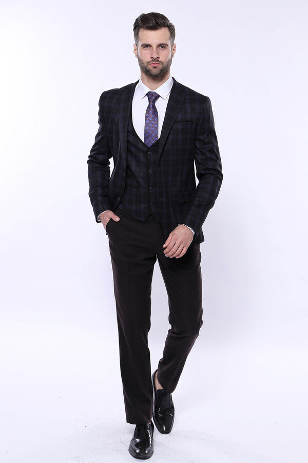 Black Plaid Men's Winter 3 Piece Suit - Wessi