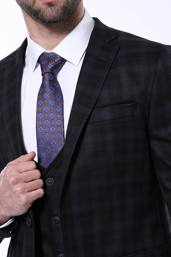 Black Plaid Men's Winter 3 Piece Suit - Wessi