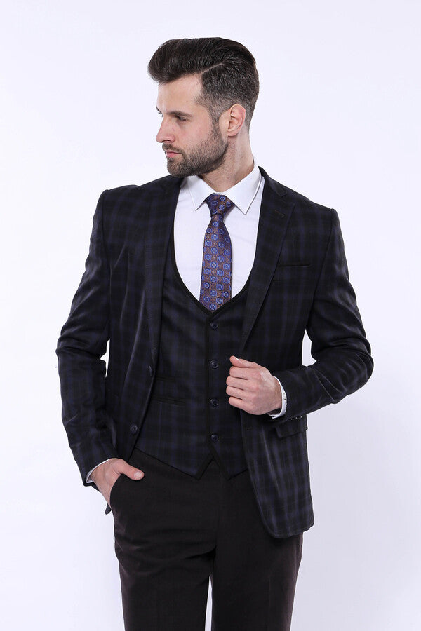 Black Plaid Men's Winter 3 Piece Suit - Wessi