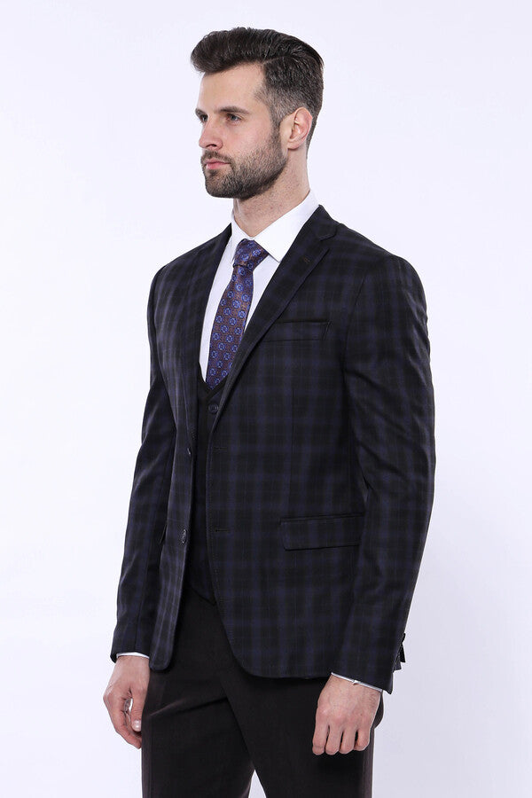 Black Plaid Men's Winter 3 Piece Suit - Wessi