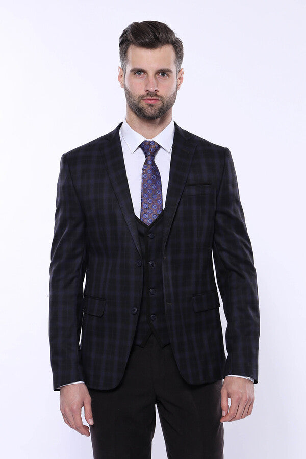 Black Plaid Men's Winter 3 Piece Suit - Wessi