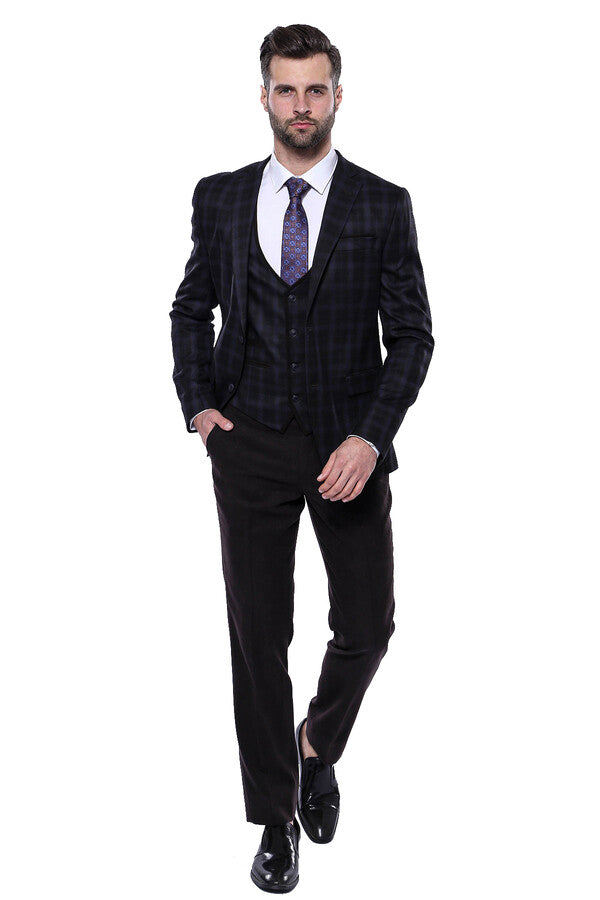 Black Plaid Men's Winter 3 Piece Suit - Wessi