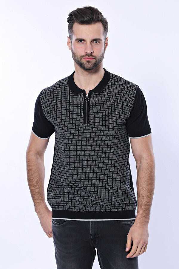 Black Plaid Zippered Polo Knitted T-Shirt | Wessi