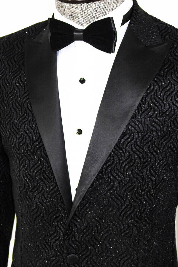 Shiny Patterned Black Men Prom Blazer - Wessi