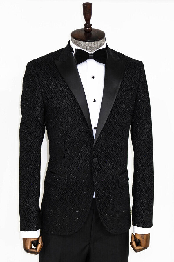 Shiny Patterned Black Men Prom Blazer - Wessi