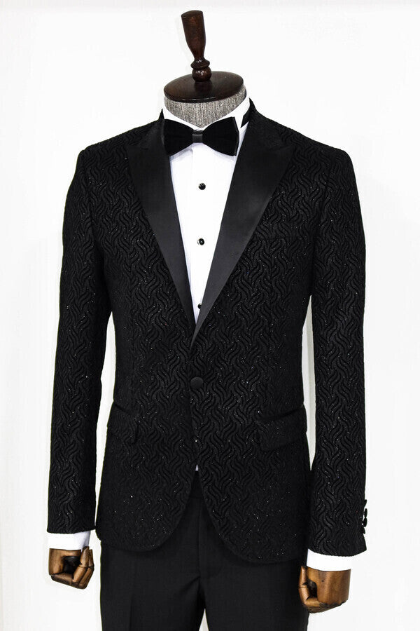 Shiny Patterned Black Men Prom Blazer - Wessi