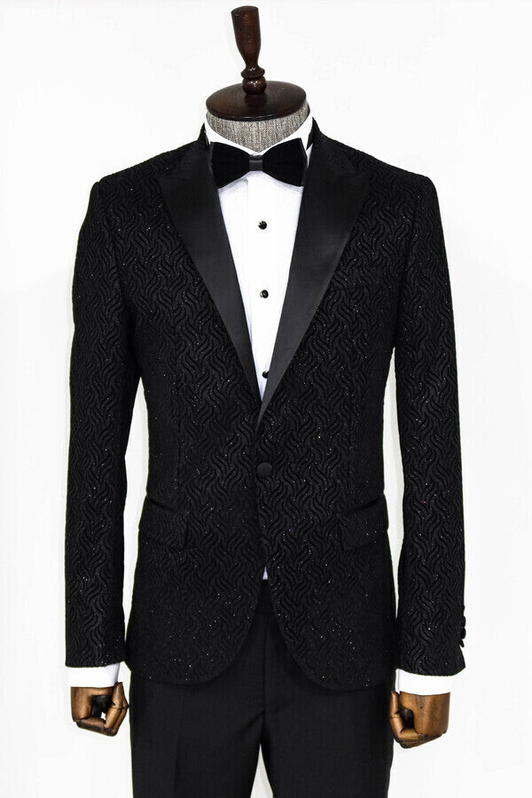 Shiny Patterned Black Men Prom Blazer - Wessi