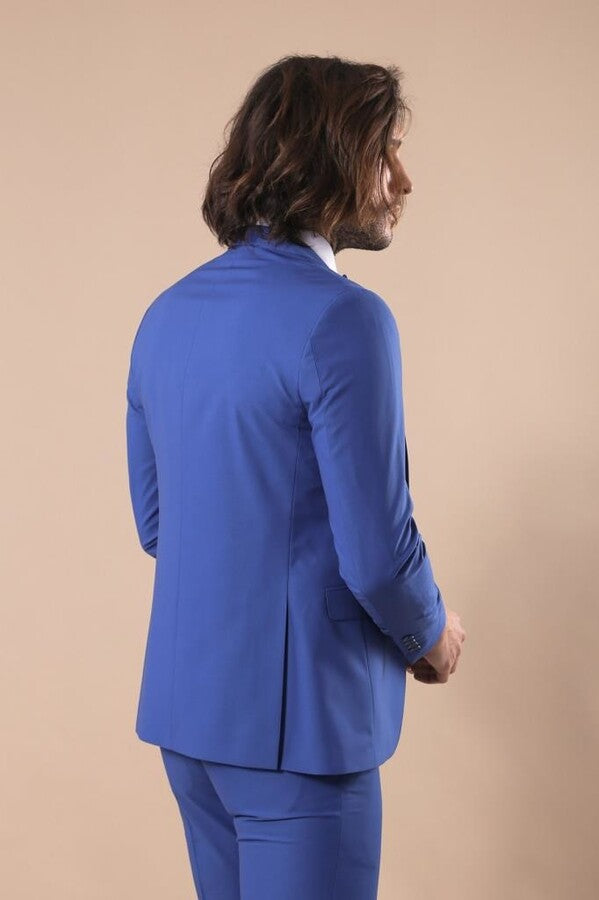 Blue Men's Plain Suit with Vest - Wessi