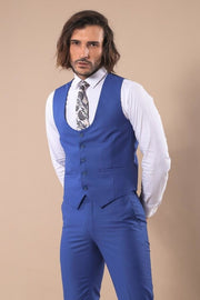 Blue Men's Plain Suit with Vest - Wessi