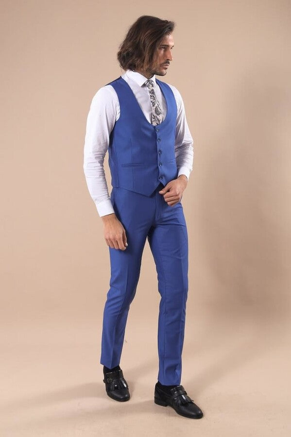 Blue Men's Plain Suit with Vest - Wessi