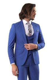 Blue Men's Plain Suit with Vest - Wessi