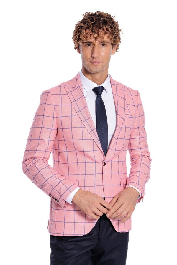 Blue Plaid Patterned Slim Fit Pink Men Blazer - Wessi