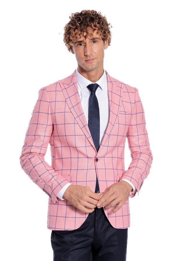 Blue Plaid Patterned Slim Fit Pink Men Blazer - Wessi