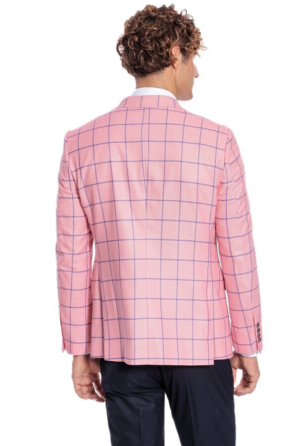 Blue Plaid Patterned Slim Fit Pink Men Blazer - Wessi