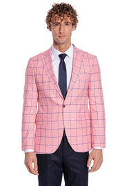 Blue Plaid Patterned Slim Fit Pink Men Blazer - Wessi