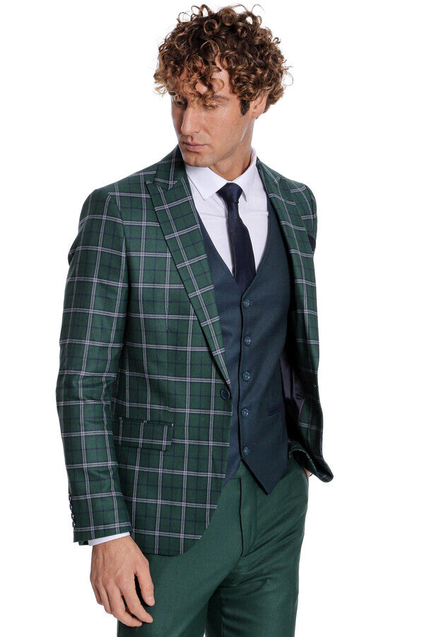 Blue Vested Slim Fit Checked Green Men Suit - Wessi