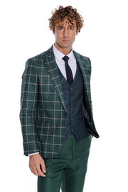 Blue Vested Slim Fit Checked Green Men Suit - Wessi