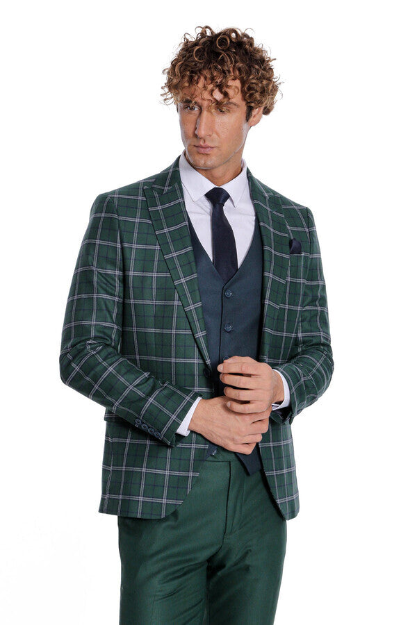 Blue Vested Slim Fit Checked Green Men Suit - Wessi