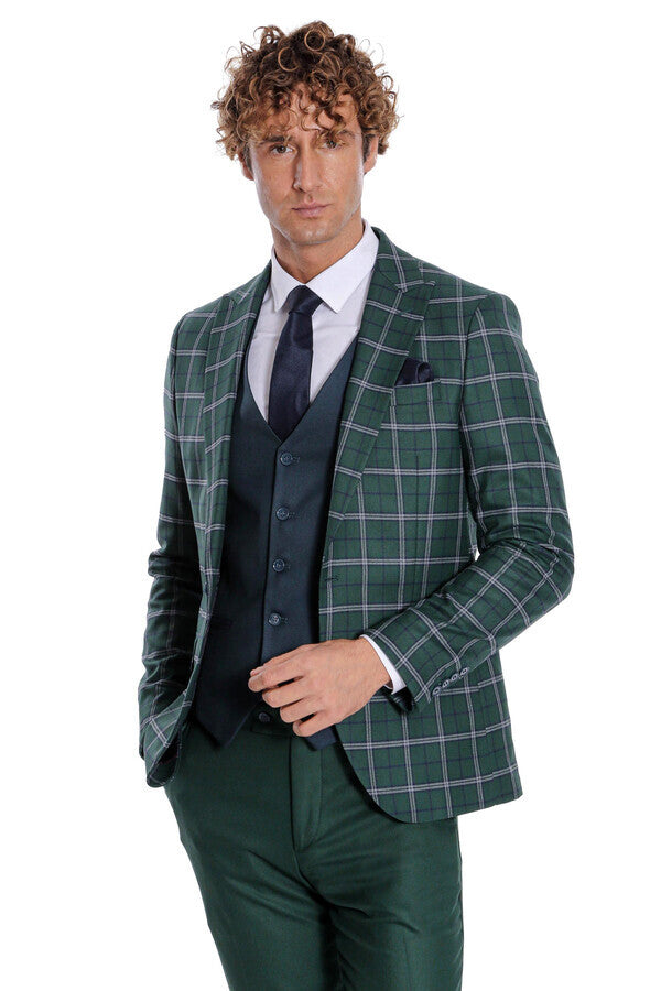 Blue Vested Slim Fit Checked Green Men Suit - Wessi