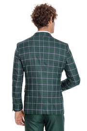 Blue Vested Slim Fit Checked Green Men Suit - Wessi