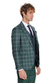 Blue Vested Slim Fit Checked Green Men Suit - Wessi