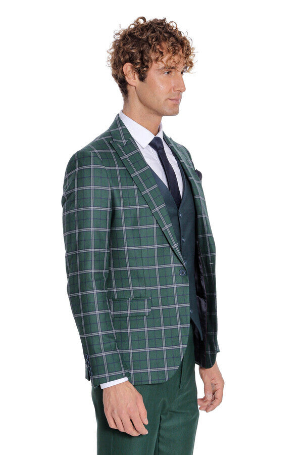 Blue Vested Slim Fit Checked Green Men Suit - Wessi