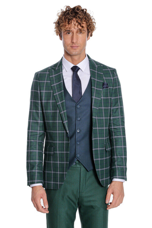 Blue Vested Slim Fit Checked Green Men Suit - Wessi