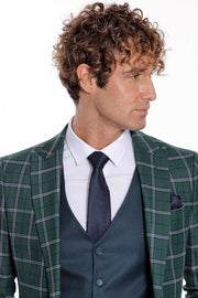 Blue Vested Slim Fit Checked Green Men Suit - Wessi