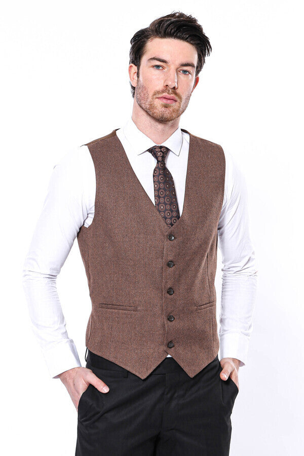 V Neck Brown Men Vest - Wessi