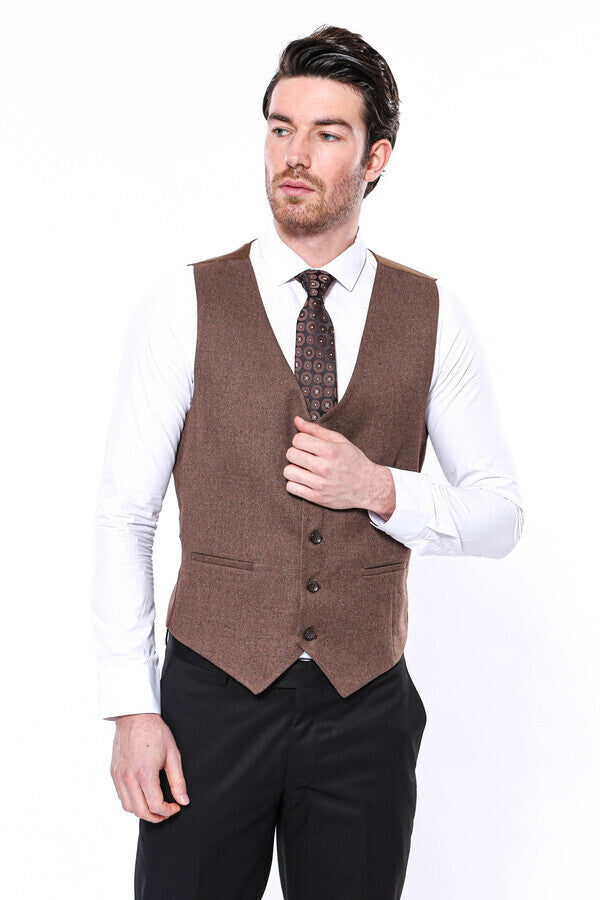 V Neck Brown Men Vest - Wessi