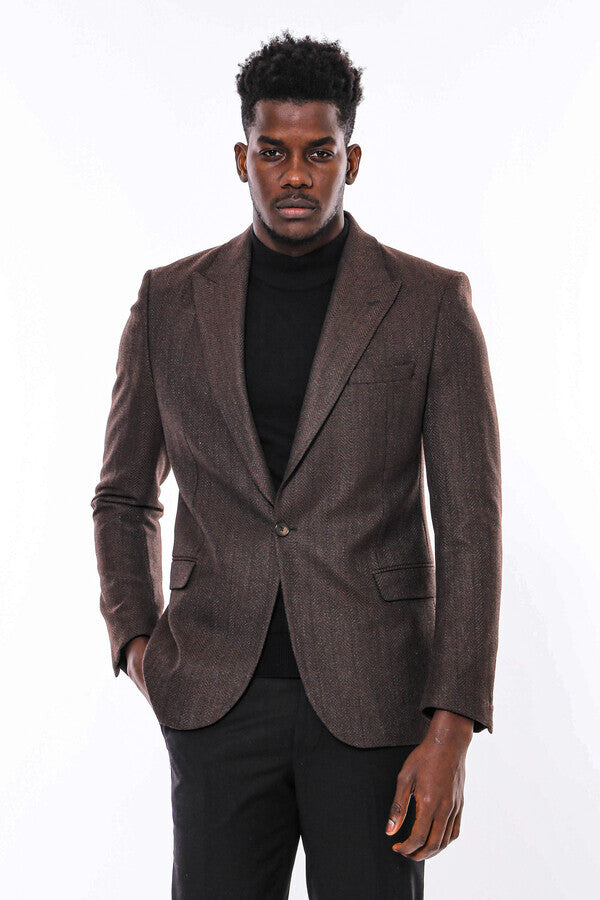 Slim Fit Patterned Brown Men Blazer - Wessi