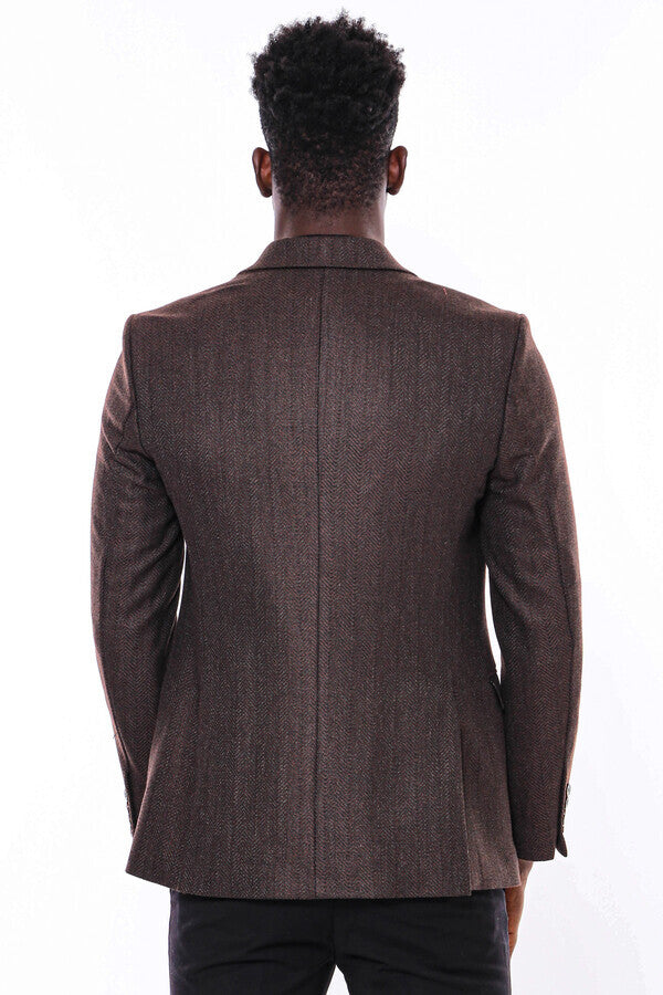 Slim Fit Patterned Brown Men Blazer - Wessi