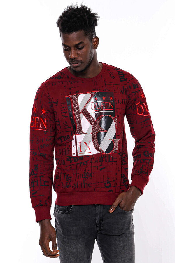 Burgundy Patterned Slim Fit Men Sweatshirt - Wessi