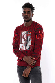 Burgundy Patterned Slim Fit Men Sweatshirt - Wessi