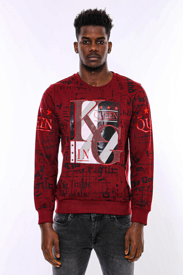 Burgundy Patterned Slim Fit Men Sweatshirt - Wessi