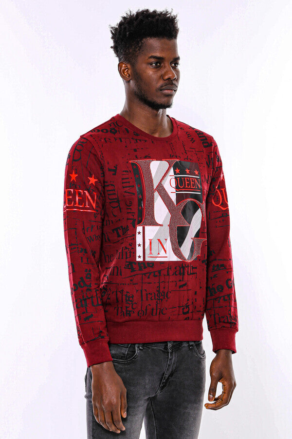 Burgundy Patterned Slim Fit Men Sweatshirt - Wessi