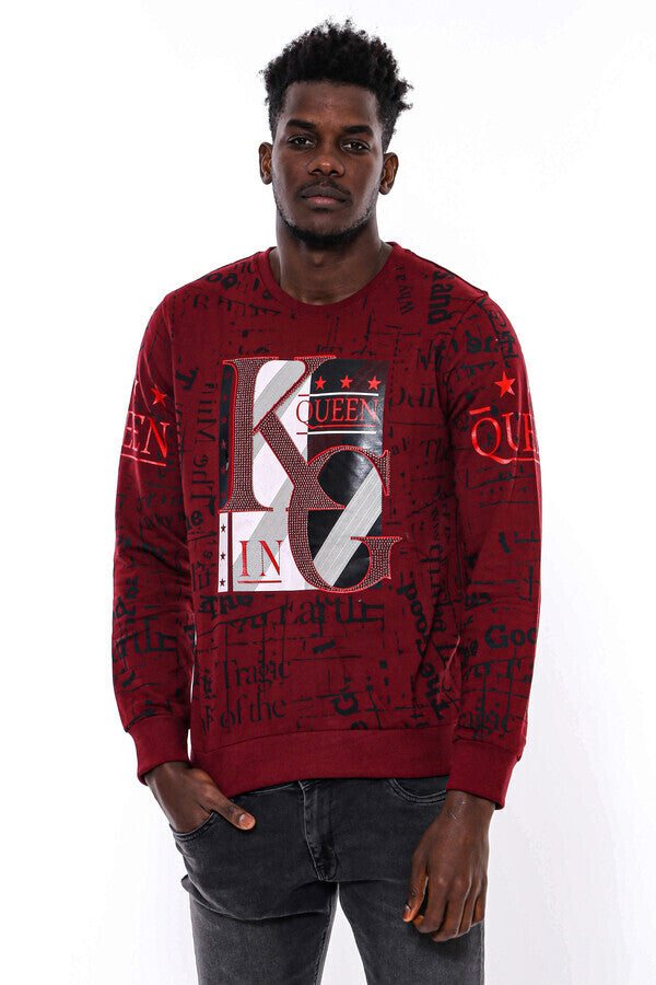 Burgundy Patterned Slim Fit Men Sweatshirt - Wessi