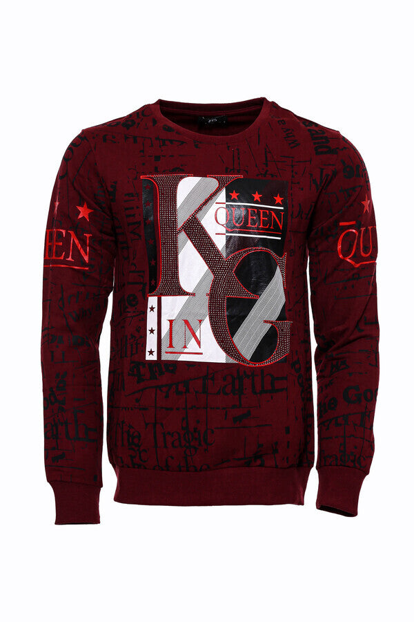 Burgundy Patterned Slim Fit Men Sweatshirt - Wessi