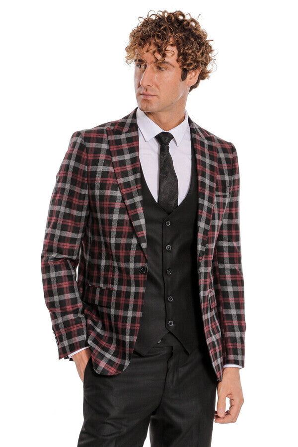 Burgundy Checked Blazer Slim Fit Black Men Suit - Wessi