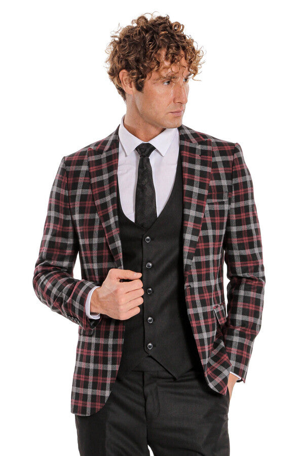 Burgundy Checked Blazer Slim Fit Black Men Suit - Wessi