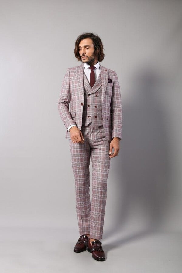 Burgundy Plaid Vested Slim Fit Italian Suit - Wessi