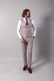 Burgundy Plaid Vested Slim Fit Italian Suit - Wessi